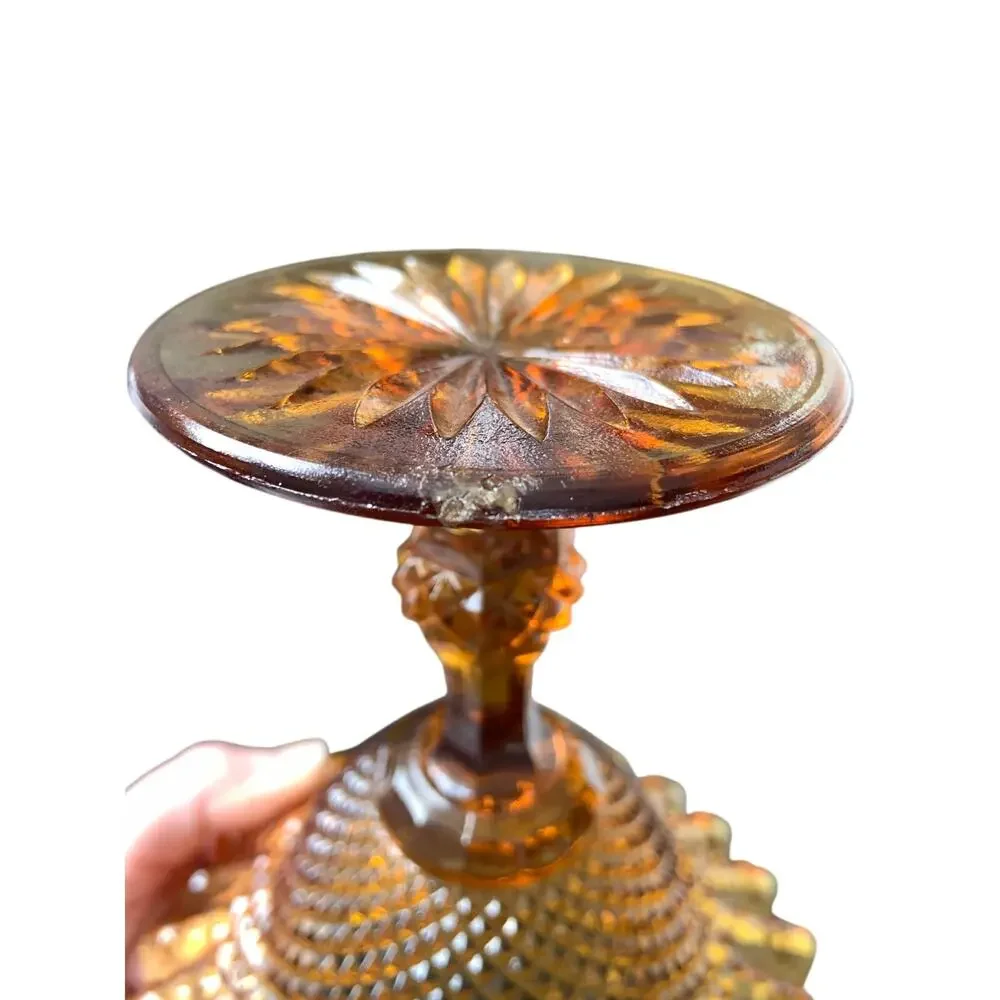 Vintage Amber Glass Ruffle Diamond Pattern Compote Stemmed Candy Dish